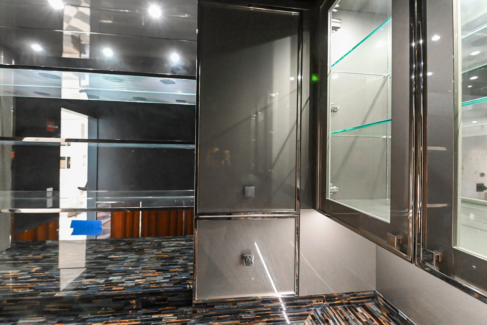 St. Charles Modern Metallic Glossy Veneer & Polished Nickel Wet Bar with Stone Countertops & True Residential Appliances