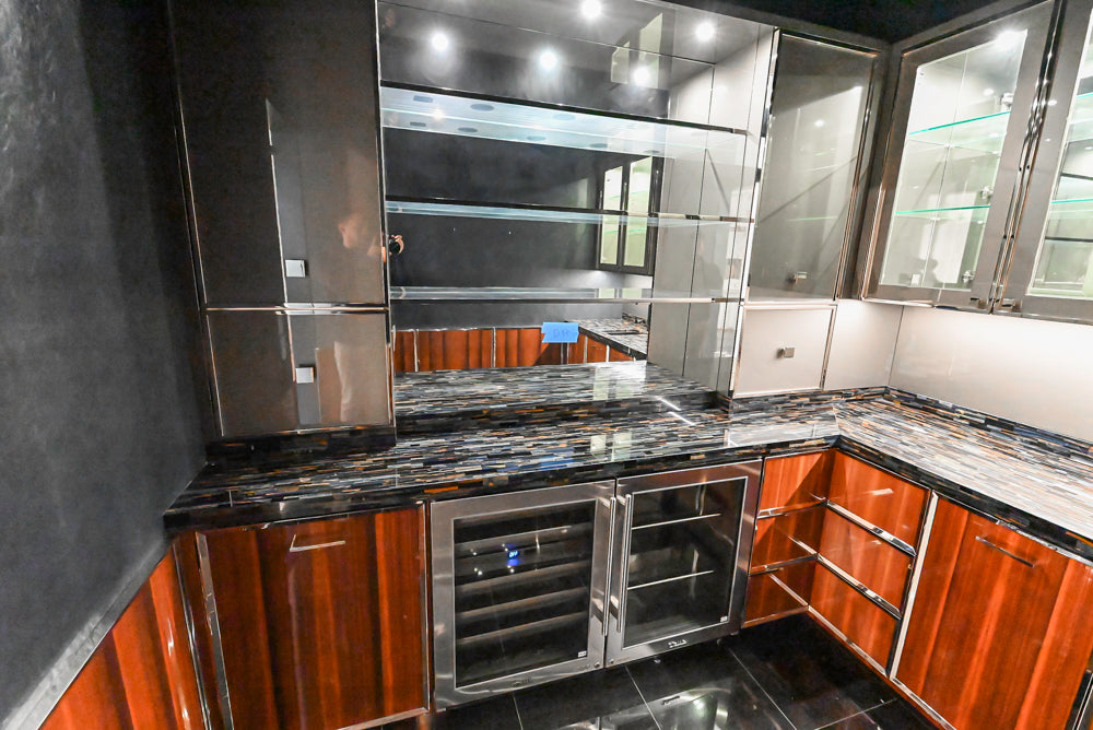 St. Charles Modern Metallic Glossy Veneer & Polished Nickel Wet Bar with Stone Countertops & True Residential Appliances