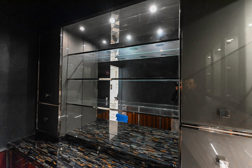 St. Charles Modern Metallic Glossy Veneer & Polished Nickel Wet Bar with Stone Countertops & True Residential Appliances