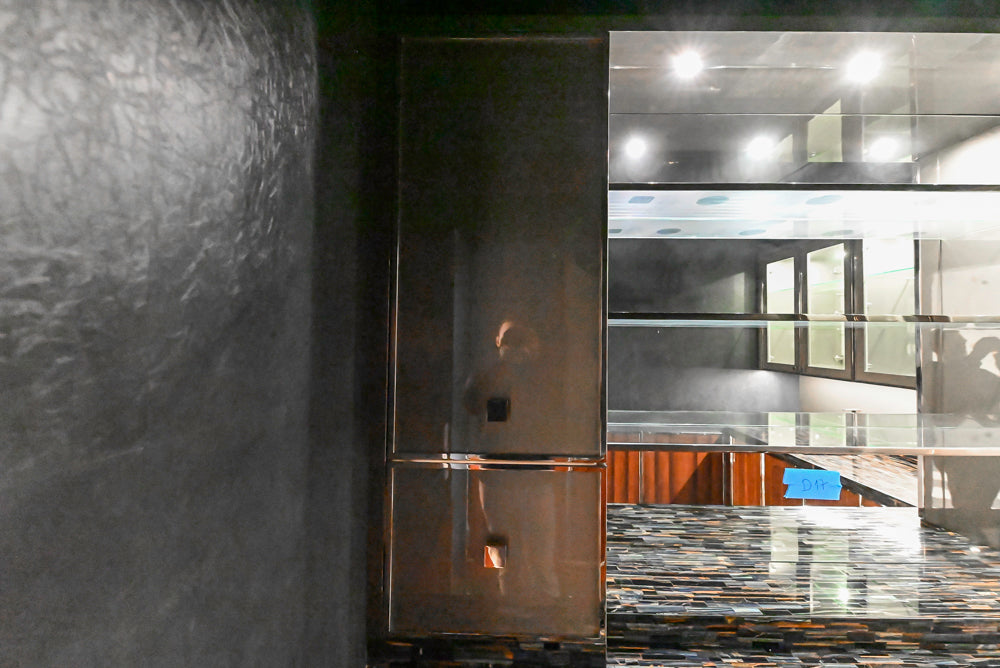 St. Charles Modern Metallic Glossy Veneer & Polished Nickel Wet Bar with Stone Countertops & True Residential Appliances