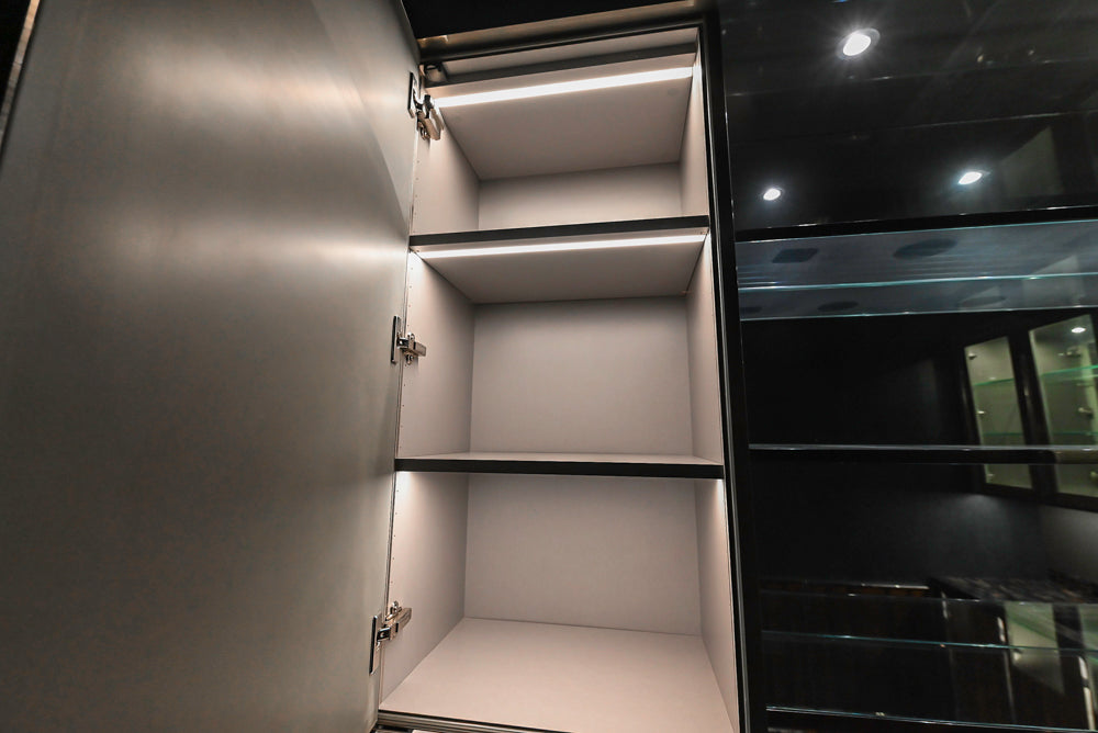 St. Charles Modern Metallic Glossy Veneer & Polished Nickel Wet Bar with Stone Countertops & True Residential Appliances