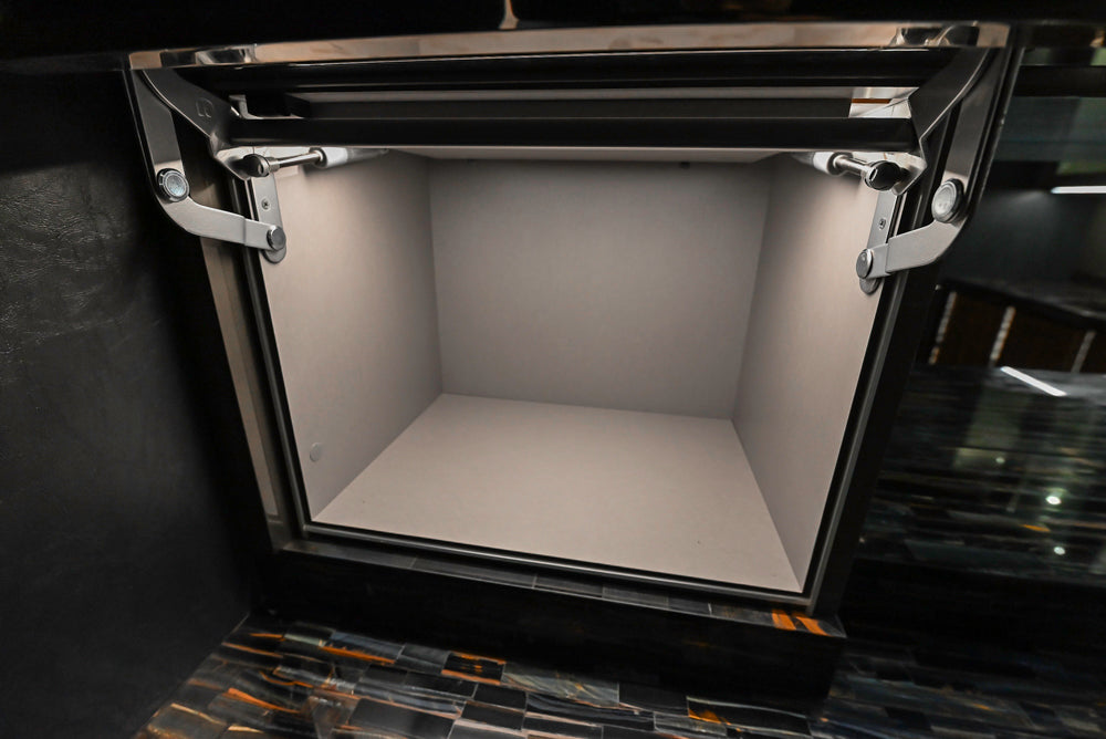 St. Charles Modern Metallic Glossy Veneer & Polished Nickel Wet Bar with Stone Countertops & True Residential Appliances