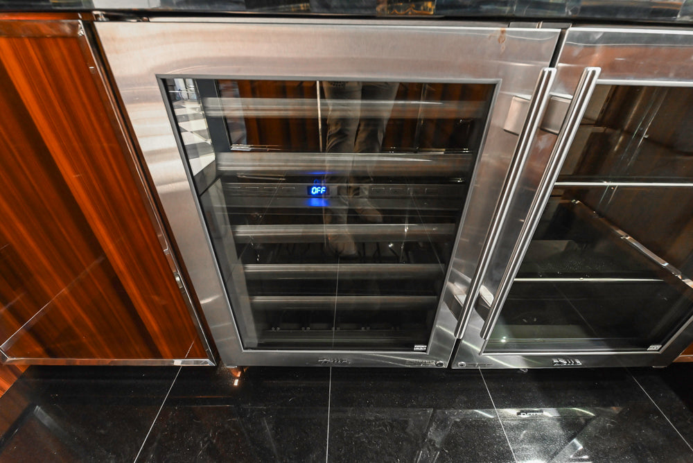 St. Charles Modern Metallic Glossy Veneer & Polished Nickel Wet Bar with Stone Countertops & True Residential Appliances