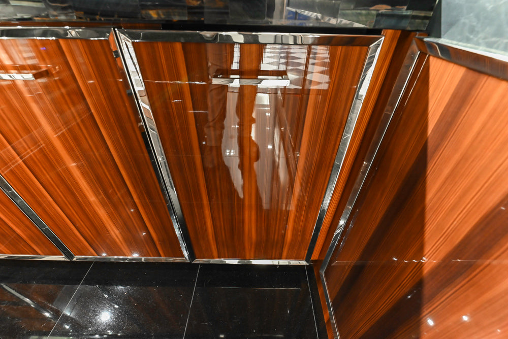 St. Charles Modern Metallic Glossy Veneer & Polished Nickel Wet Bar with Stone Countertops & True Residential Appliances