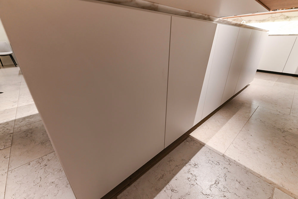 Poliform Artex Glacier White & Moka Modern Kitchen with Marble Countertops and Sub-Zero & Wolf Appliances