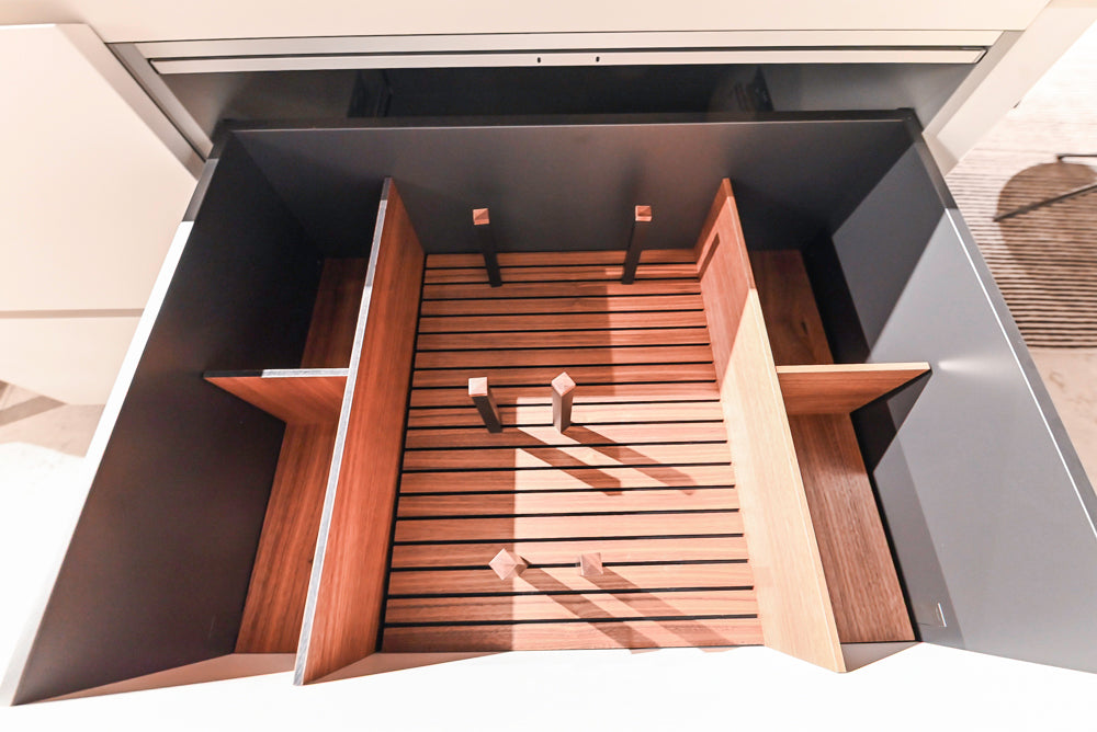 Poliform Artex Glacier White & Moka Modern Kitchen with Marble Countertops and Sub-Zero & Wolf Appliances