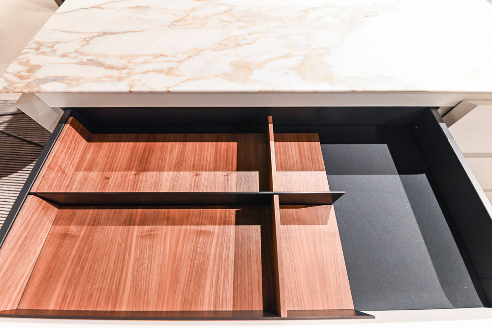 Poliform Artex Glacier White & Moka Modern Kitchen with Marble Countertops and Sub-Zero & Wolf Appliances