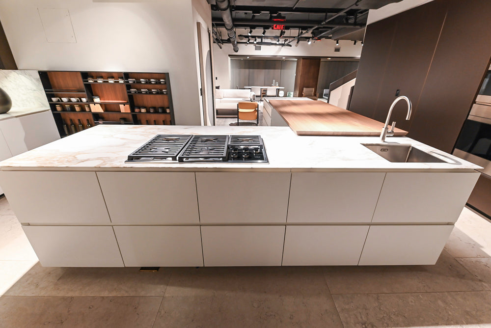 Poliform Artex Glacier White & Moka Modern Kitchen with Marble Countertops and Sub-Zero & Wolf Appliances