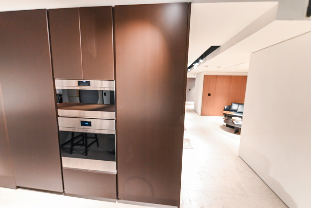 Poliform Artex Glacier White & Moka Modern Kitchen with Marble Countertops and Sub-Zero & Wolf Appliances