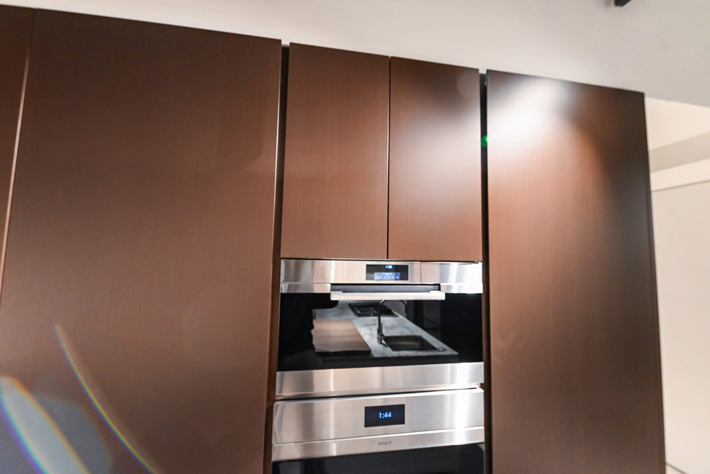 Poliform Artex Glacier White & Moka Modern Kitchen with Marble Countertops and Sub-Zero & Wolf Appliances