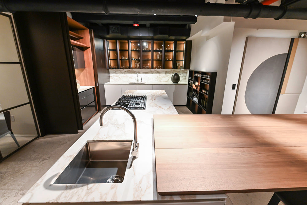 Poliform Artex Glacier White & Moka Modern Kitchen with Marble Countertops and Sub-Zero & Wolf Appliances