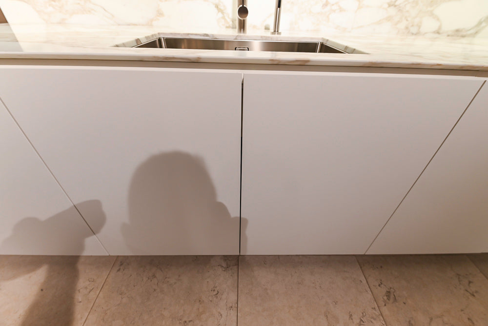 Poliform Artex Glacier White & Moka Modern Kitchen with Marble Countertops and Sub-Zero & Wolf Appliances