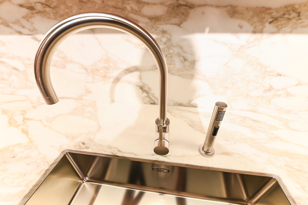 Poliform Artex Glacier White & Moka Modern Kitchen with Marble Countertops and Sub-Zero & Wolf Appliances