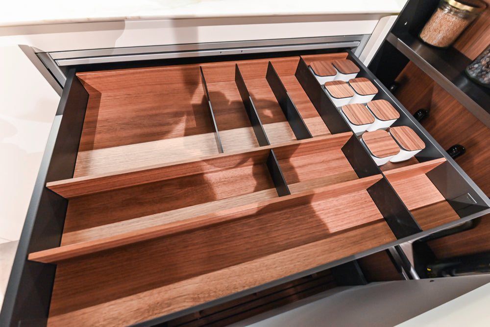 Poliform Artex Glacier White & Moka Modern Kitchen with Marble Countertops and Sub-Zero & Wolf Appliances