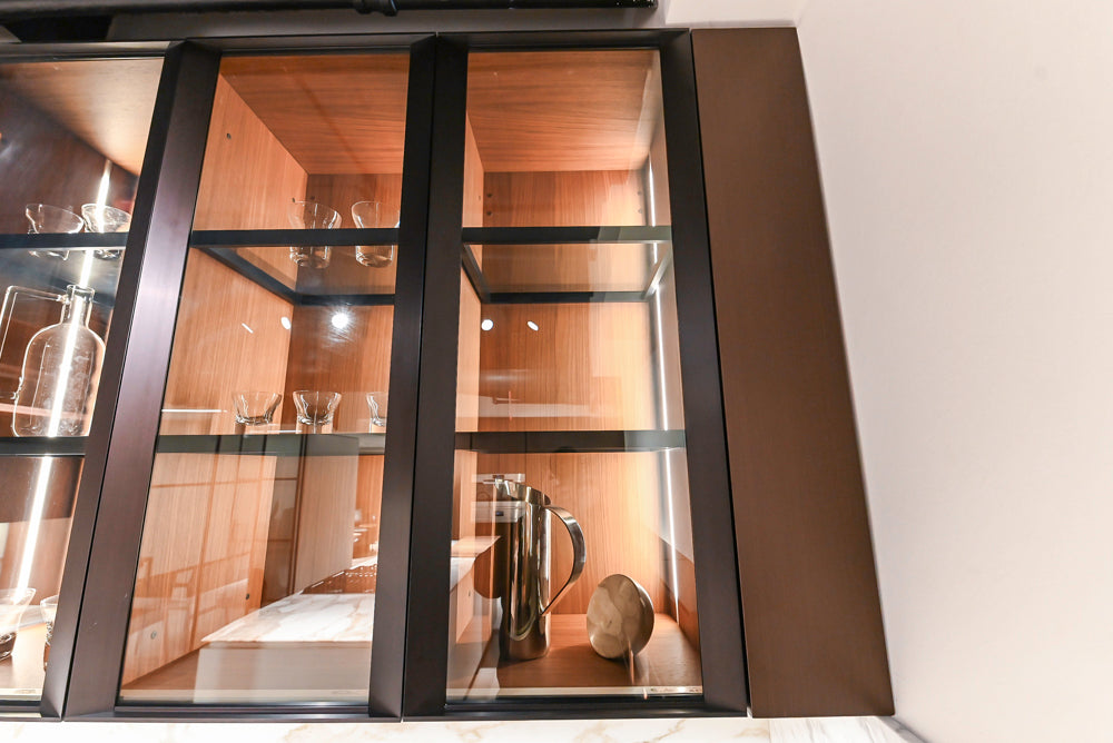 Poliform Artex Glacier White & Moka Modern Kitchen with Marble Countertops and Sub-Zero & Wolf Appliances