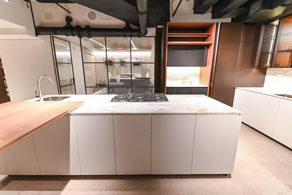 Poliform Artex Glacier White & Moka Modern Kitchen with Marble Countertops and Sub-Zero & Wolf Appliances