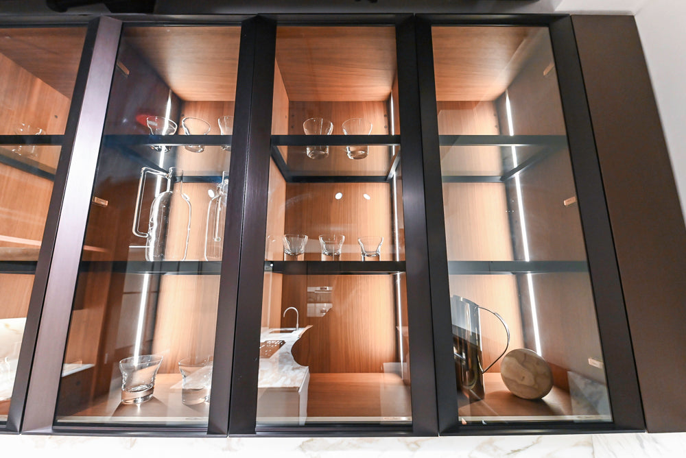 Poliform Artex Glacier White & Moka Modern Kitchen with Marble Countertops and Sub-Zero & Wolf Appliances