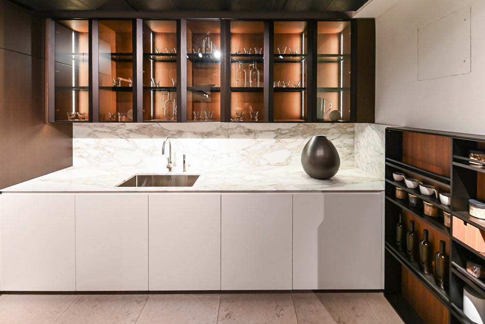 Poliform Artex Glacier White & Moka Modern Kitchen with Marble Countertops and Sub-Zero & Wolf Appliances