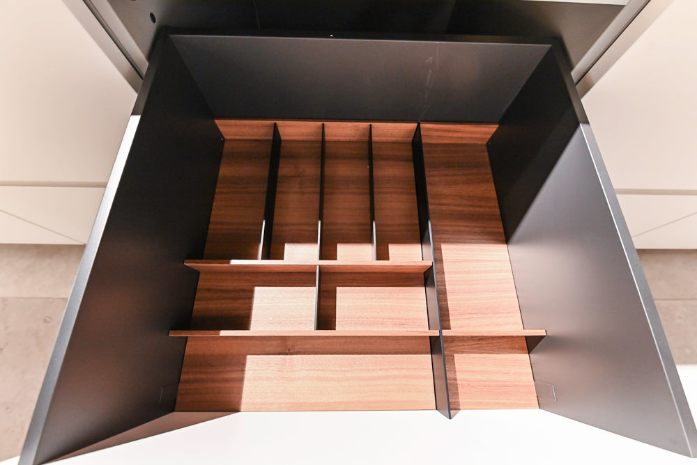 Poliform Artex Glacier White & Moka Modern Kitchen with Marble Countertops and Sub-Zero & Wolf Appliances