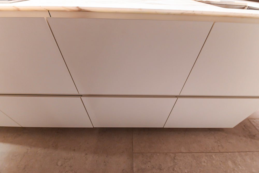 Poliform Artex Glacier White & Moka Modern Kitchen with Marble Countertops and Sub-Zero & Wolf Appliances