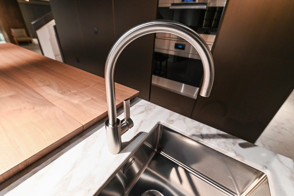 Poliform Artex Glacier White & Moka Modern Kitchen with Marble Countertops and Sub-Zero & Wolf Appliances