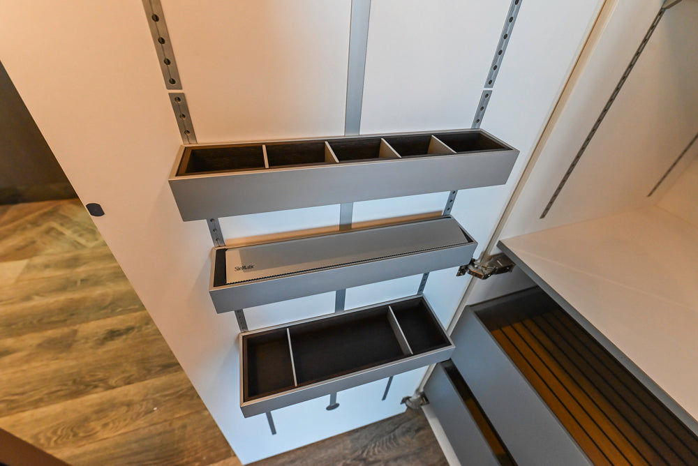 SieMatic S2 Modern Rose Gold Handleless Island with Lotus White Hideaway Pantry
