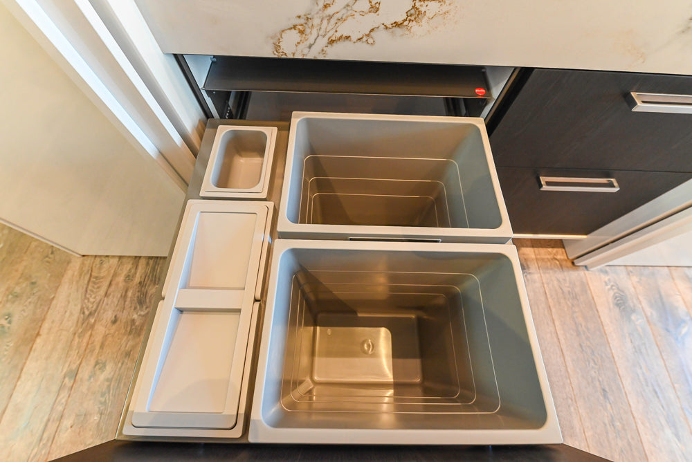 SieMatic S2 Modern Rose Gold Handleless Island with Lotus White Hideaway Pantry