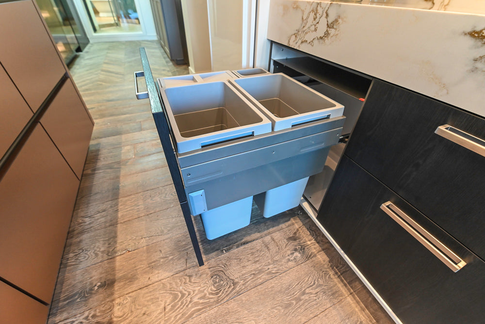 SieMatic S2 Modern Rose Gold Handleless Island with Lotus White Hideaway Pantry