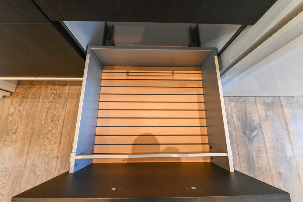 SieMatic S2 Modern Rose Gold Handleless Island with Lotus White Hideaway Pantry
