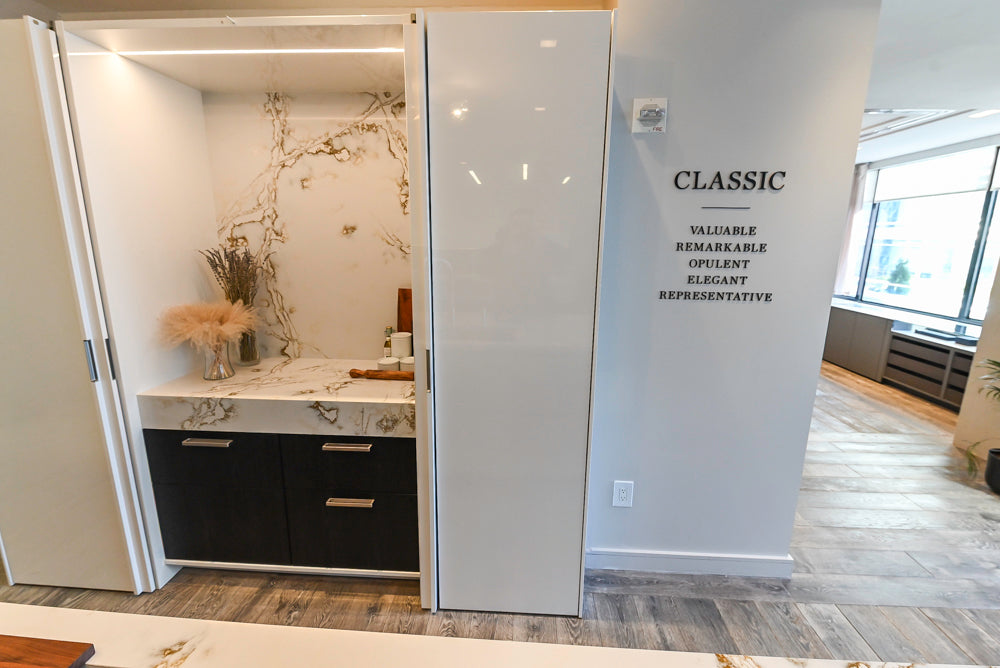 SieMatic S2 Modern Rose Gold Handleless Island with Lotus White Hideaway Pantry