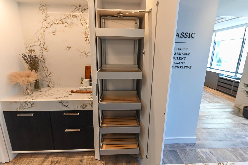 SieMatic S2 Modern Rose Gold Handleless Island with Lotus White Hideaway Pantry