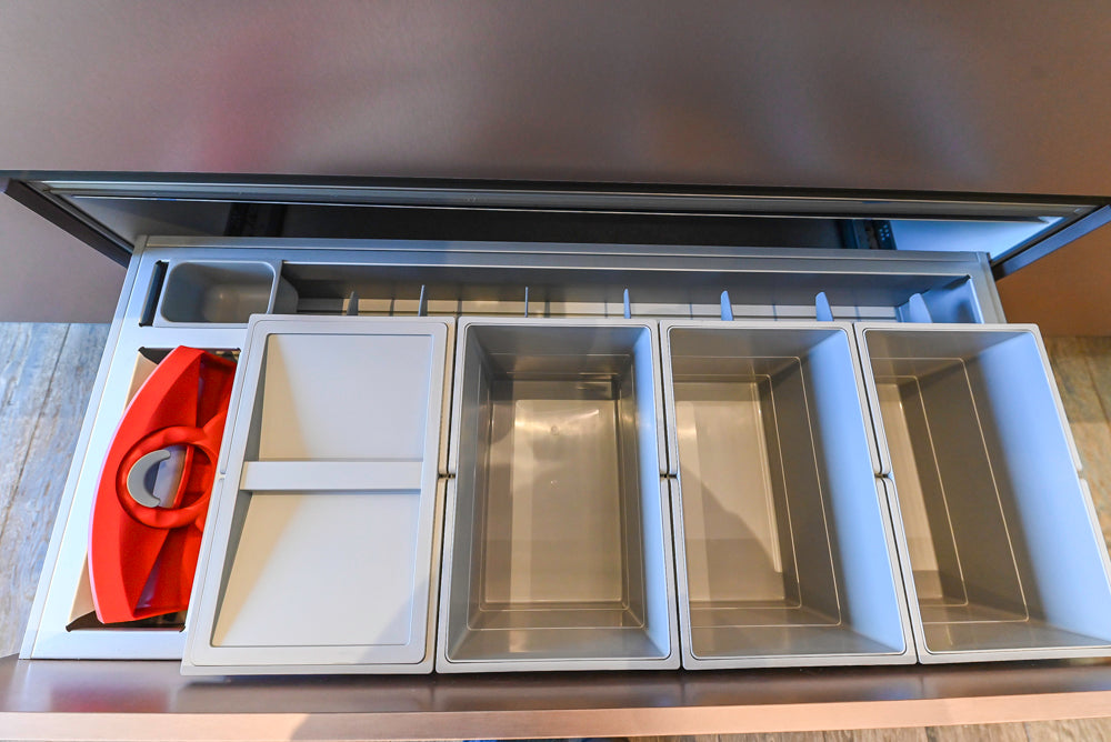 SieMatic S2 Modern Rose Gold Handleless Island with Lotus White Hideaway Pantry