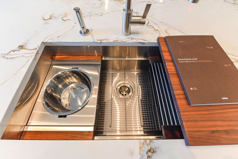 SieMatic S2 Modern Rose Gold Handleless Island with Lotus White Hideaway Pantry