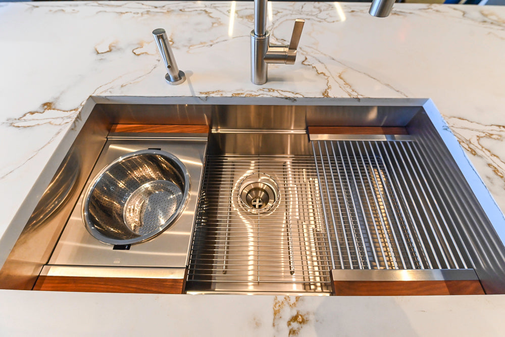 SieMatic S2 Modern Rose Gold Handleless Island with Lotus White Hideaway Pantry