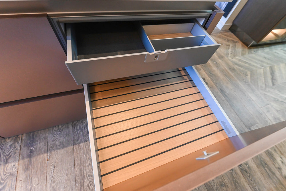 SieMatic S2 Modern Rose Gold Handleless Island with Lotus White Hideaway Pantry