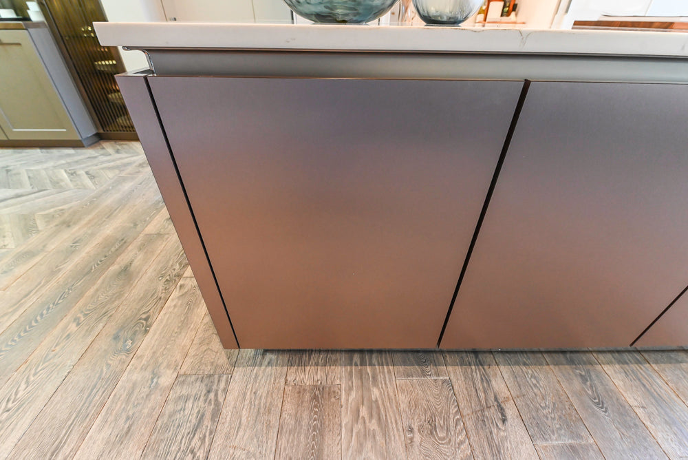 SieMatic S2 Modern Rose Gold Handleless Island with Lotus White Hideaway Pantry