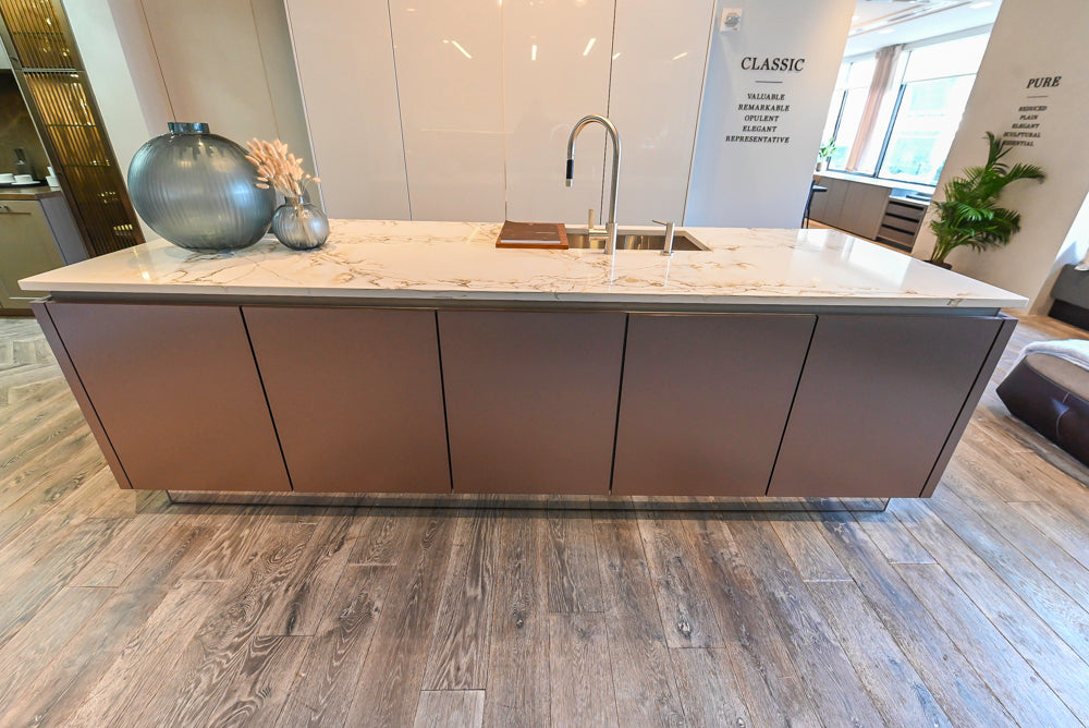 SieMatic S2 Modern Rose Gold Handleless Island with Lotus White Hideaway Pantry
