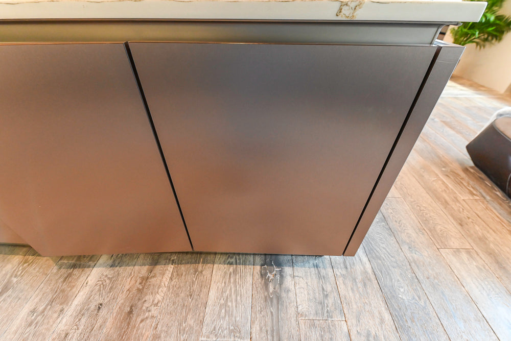 SieMatic S2 Modern Rose Gold Handleless Island with Lotus White Hideaway Pantry