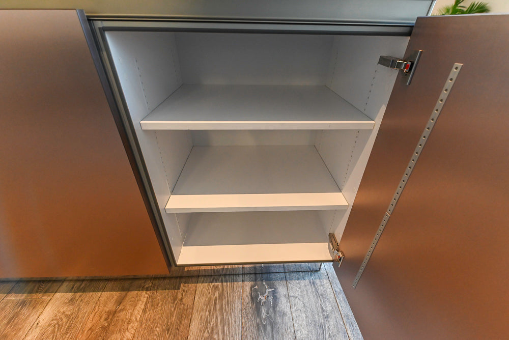 SieMatic S2 Modern Rose Gold Handleless Island with Lotus White Hideaway Pantry