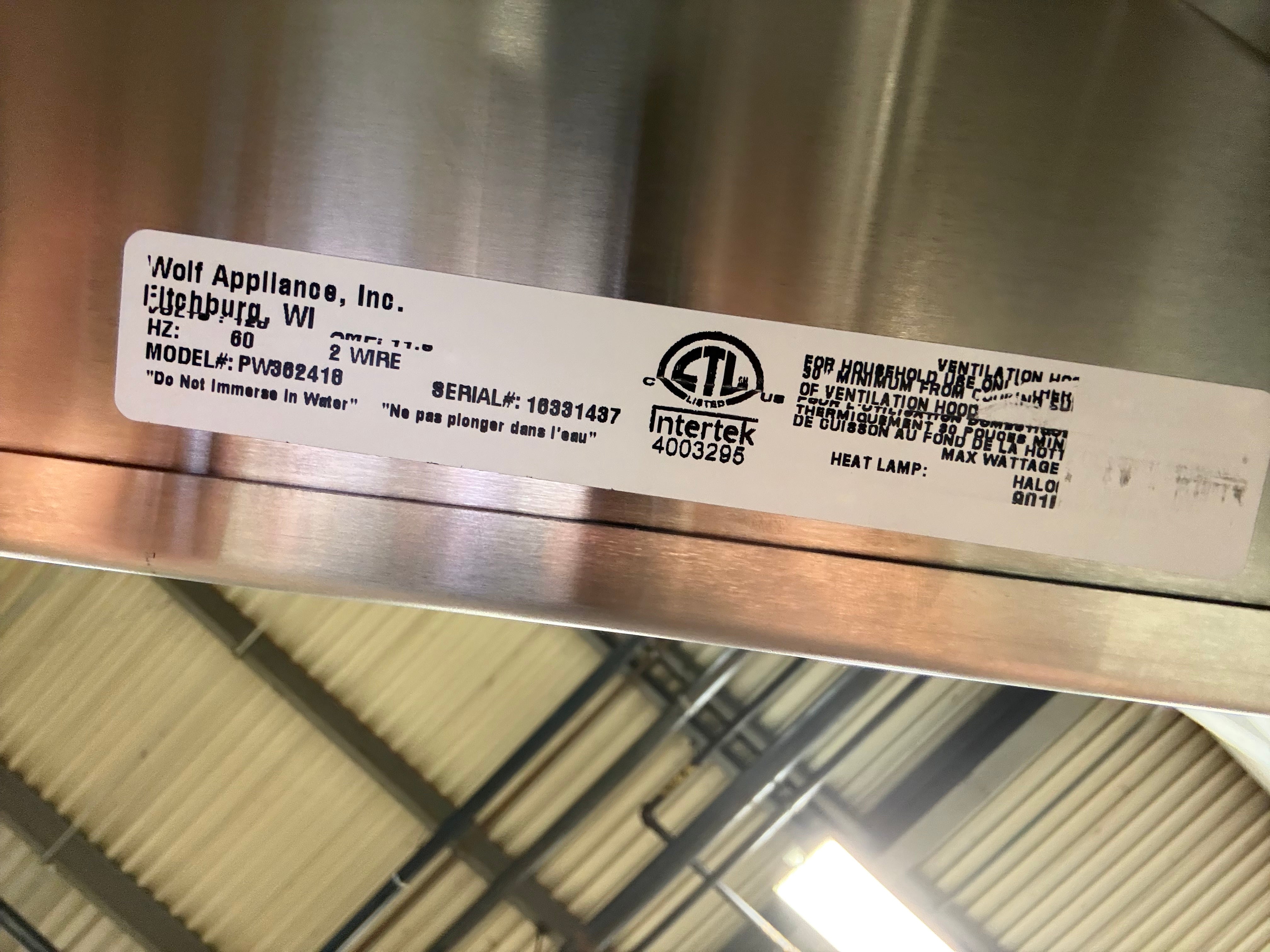 Wolf Certified PW362418 36" Stainless Steel Wall Mount Canopy Range Hood