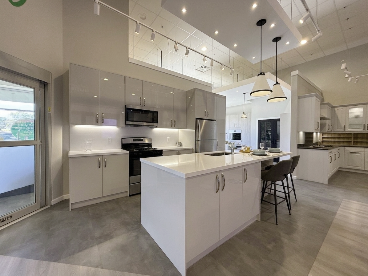 Wren Autograph Pebble Gray Gloss Kitchen with Island