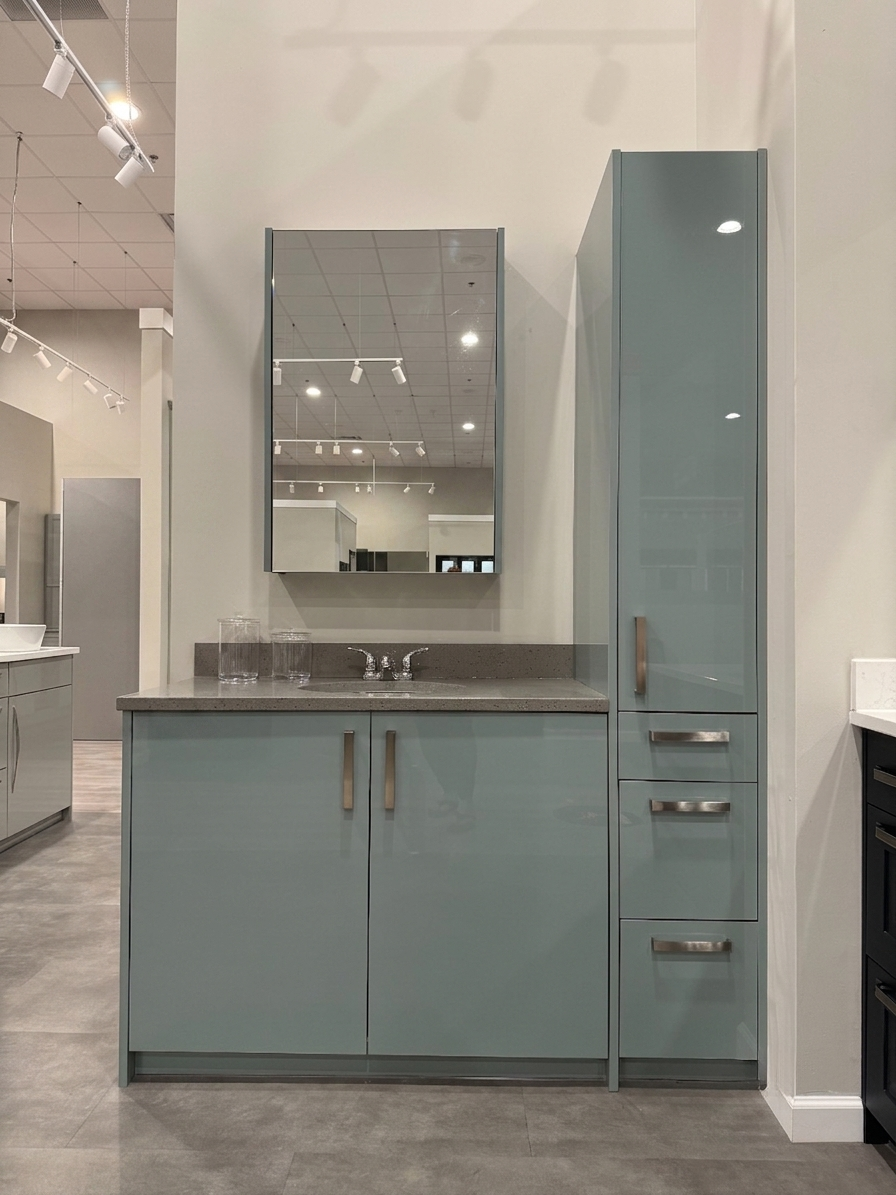 Teal Gloss Single Vanity with Linen Cabinet and Mirror