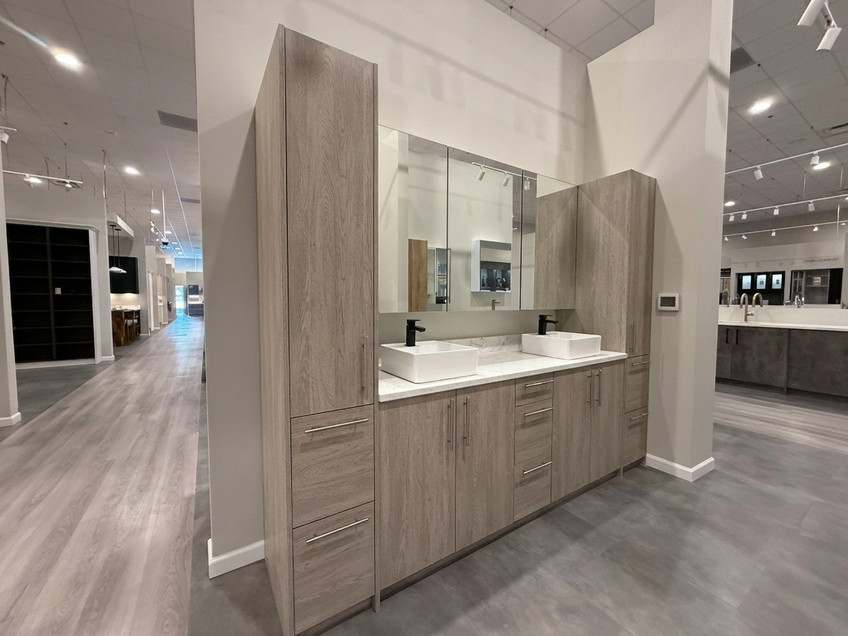 Grey Wood Grain Double Vanity with Mirror