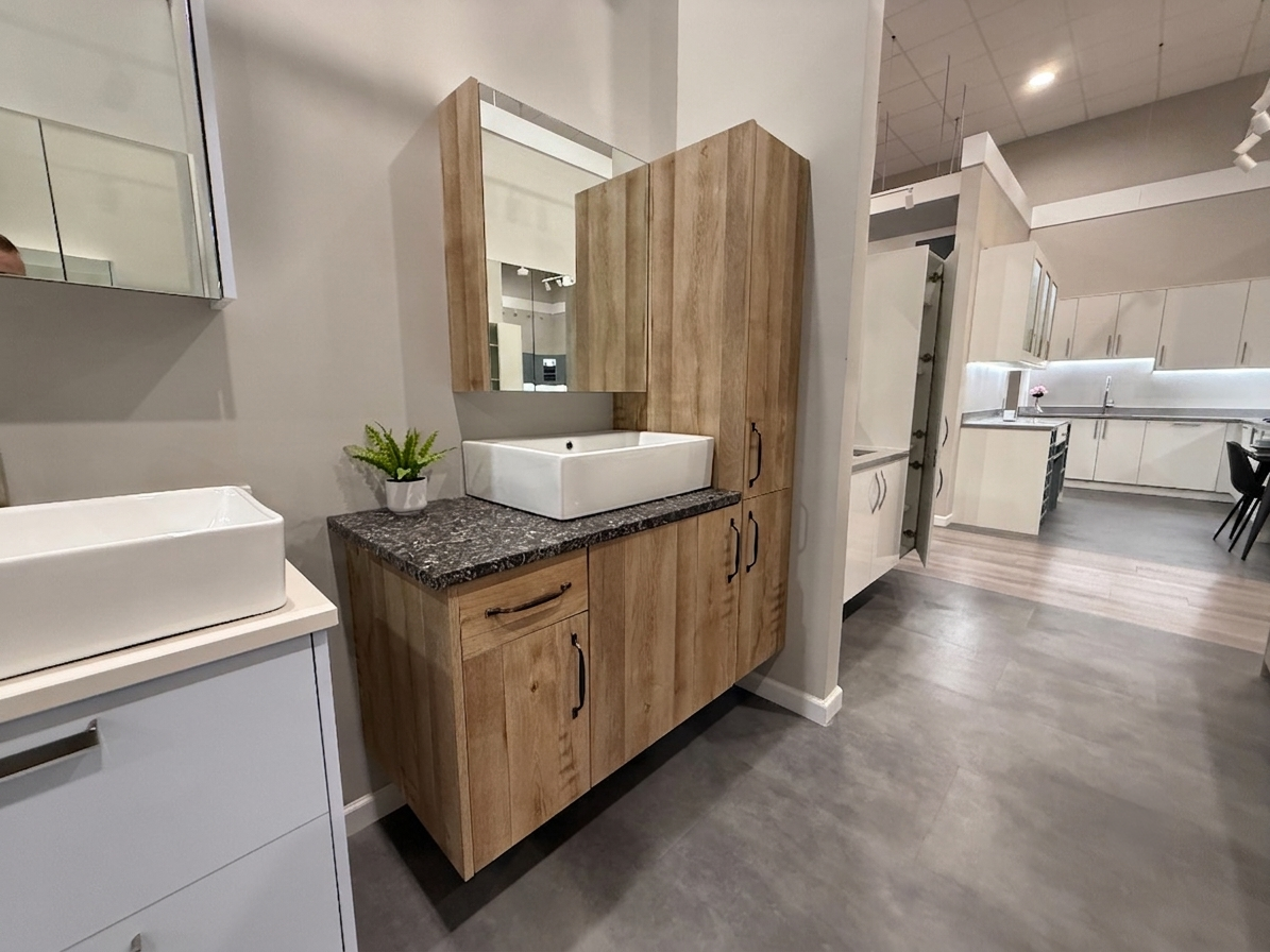 White Oak Wood Single Floating Vanity with Linen Cabinet