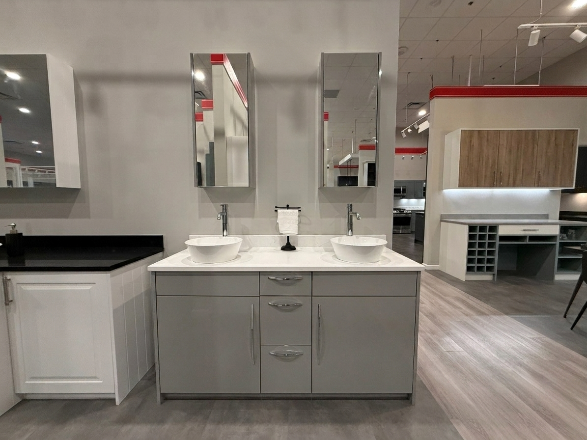Grey Slab Double Vanity with Two Mirror Cabinets