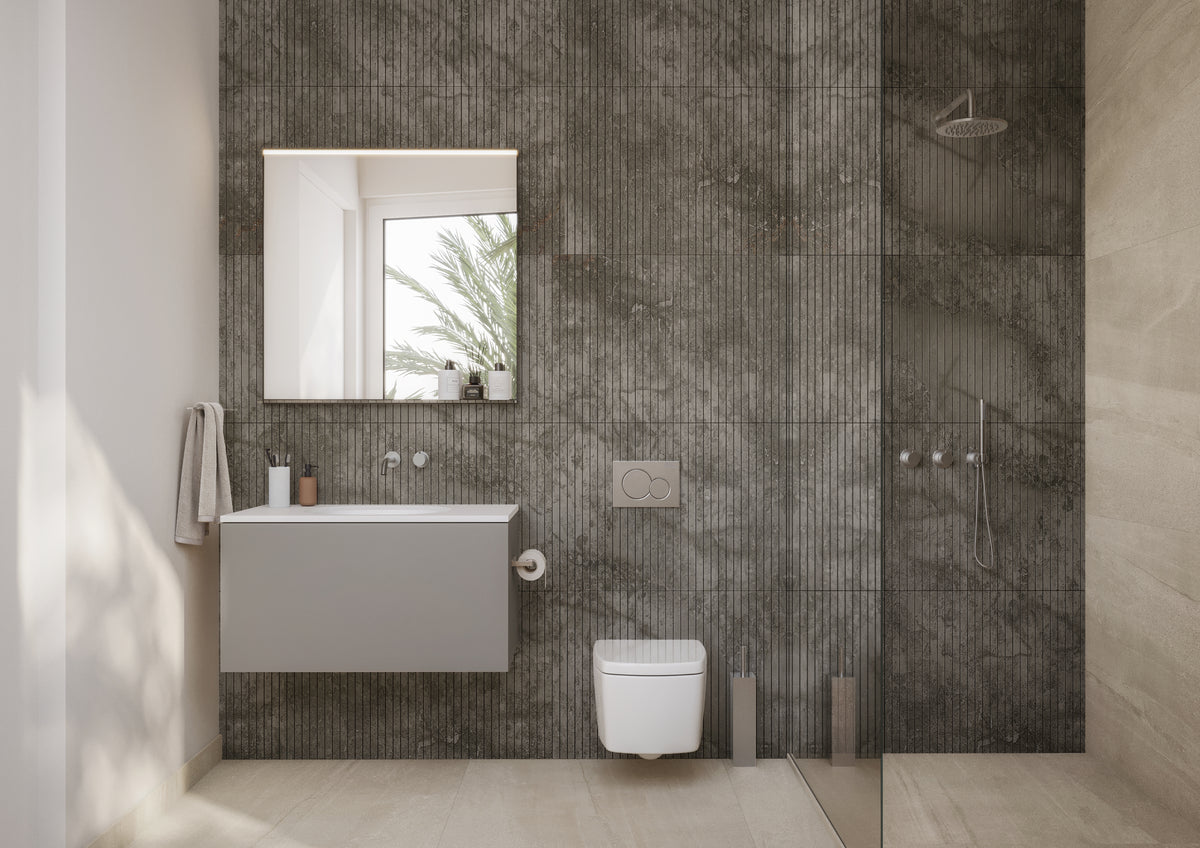 Boffi Free Zone Full Bathroom with Xilowood Planked Sand Finish and Cristalplant Countertop