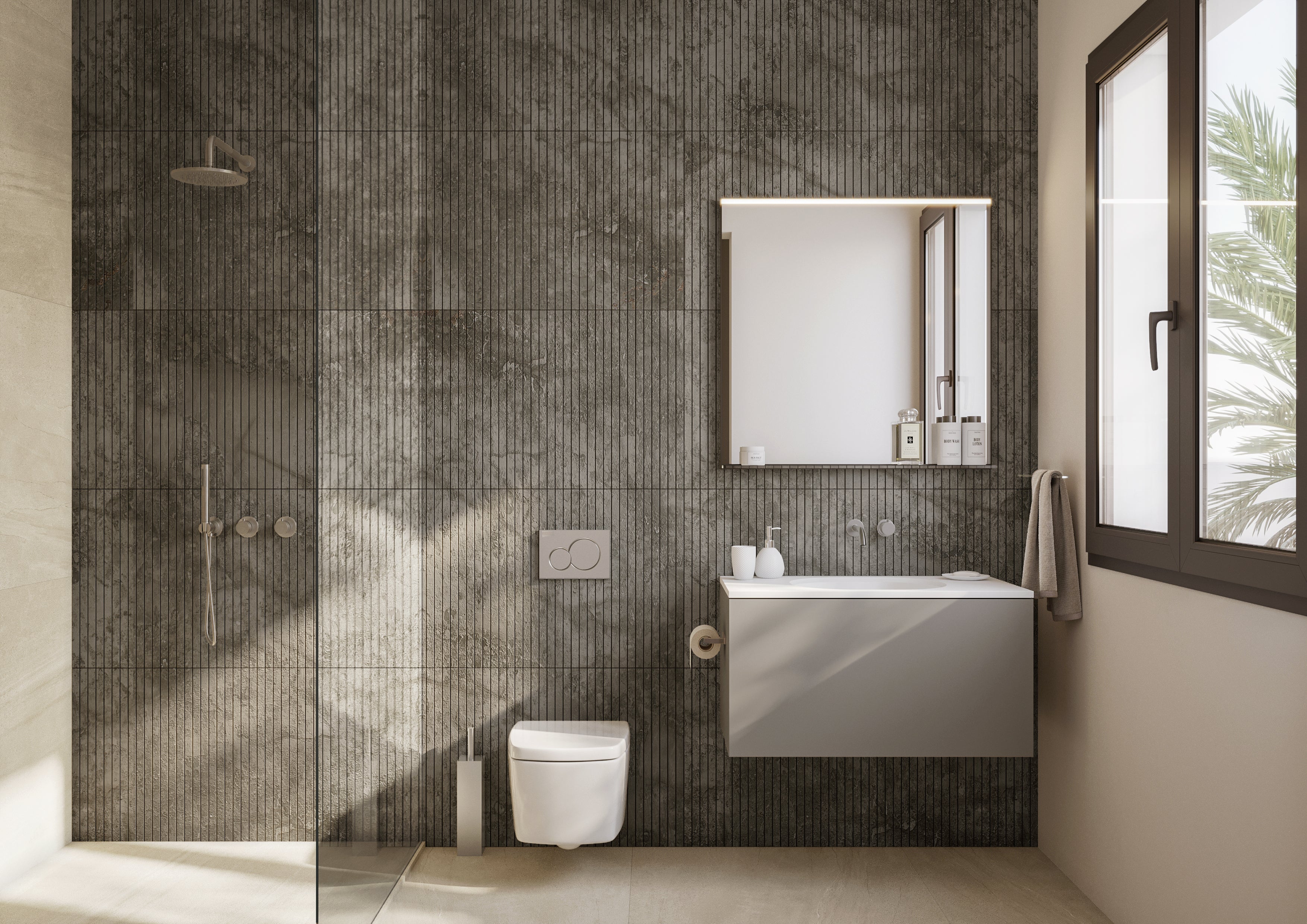 Boffi Free Zone Full Bathroom with Xilowood Planked Sand Finish and Cristalplant Countertop