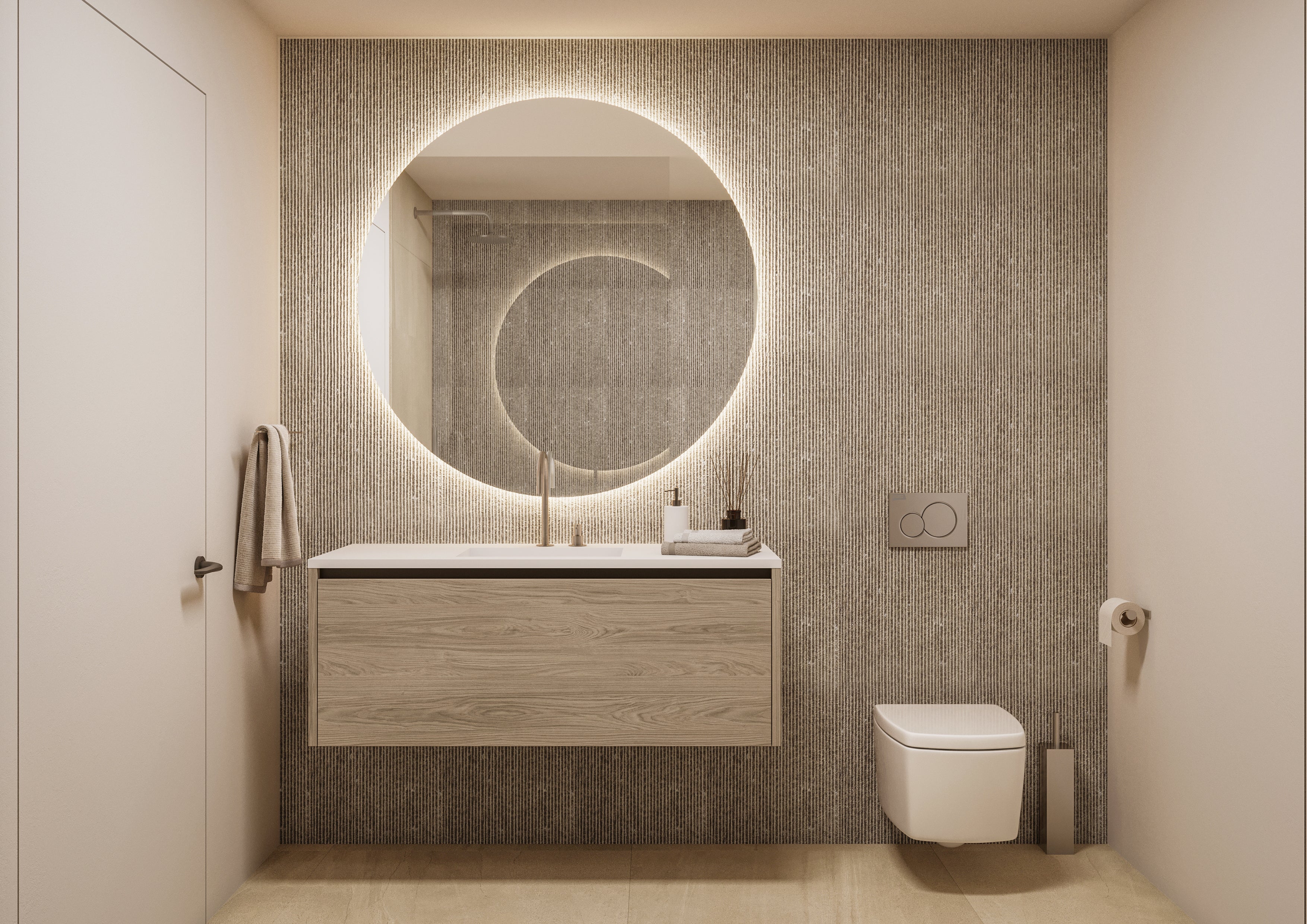 Boffi Free Zone Full Bathroom with Xilowood Planked Sand Finish and Cristalplant Countertop