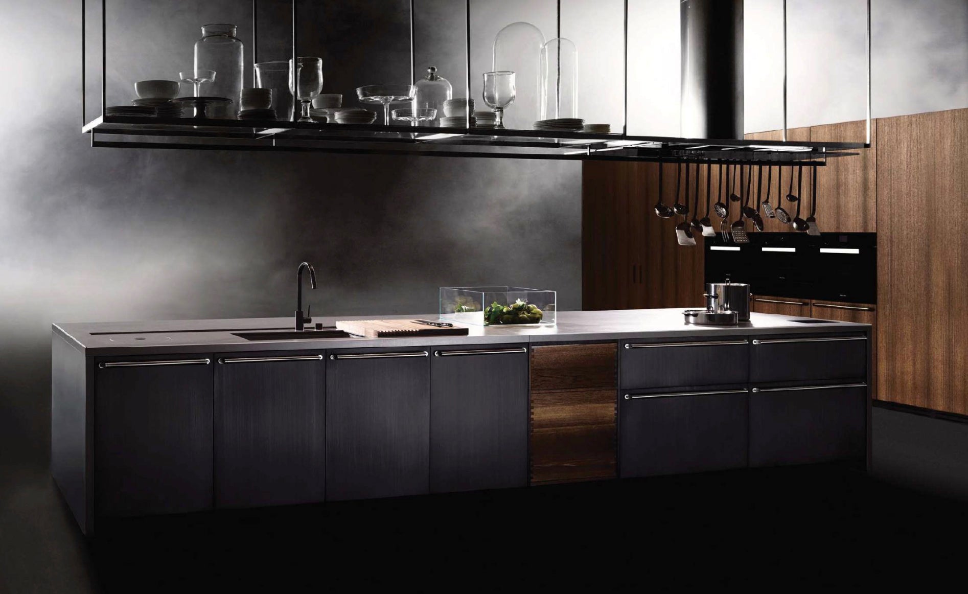 Boffi PRST + Antibes Bar with Ecowood Xilo 2.0 Veneer and Black Cosmic Granite Countertops