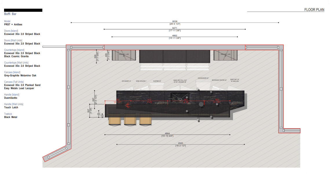 Boffi PRST + Antibes Bar with Ecowood Xilo 2.0 Veneer and Black Cosmic Granite Countertops